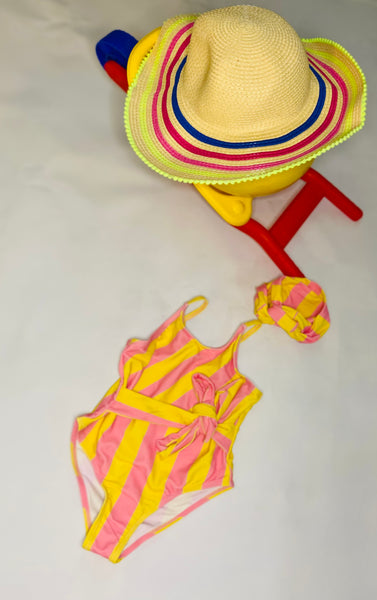 Yellow and Pink Striped One-piece with Tie and Headband