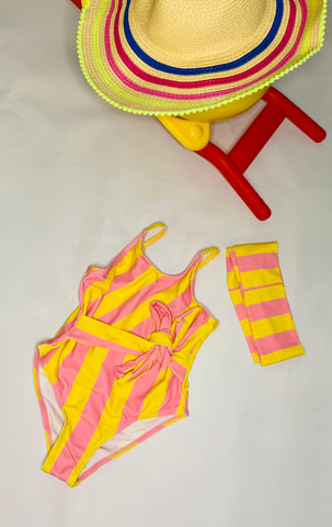 Yellow and Pink Striped One-piece with Tie and Headband